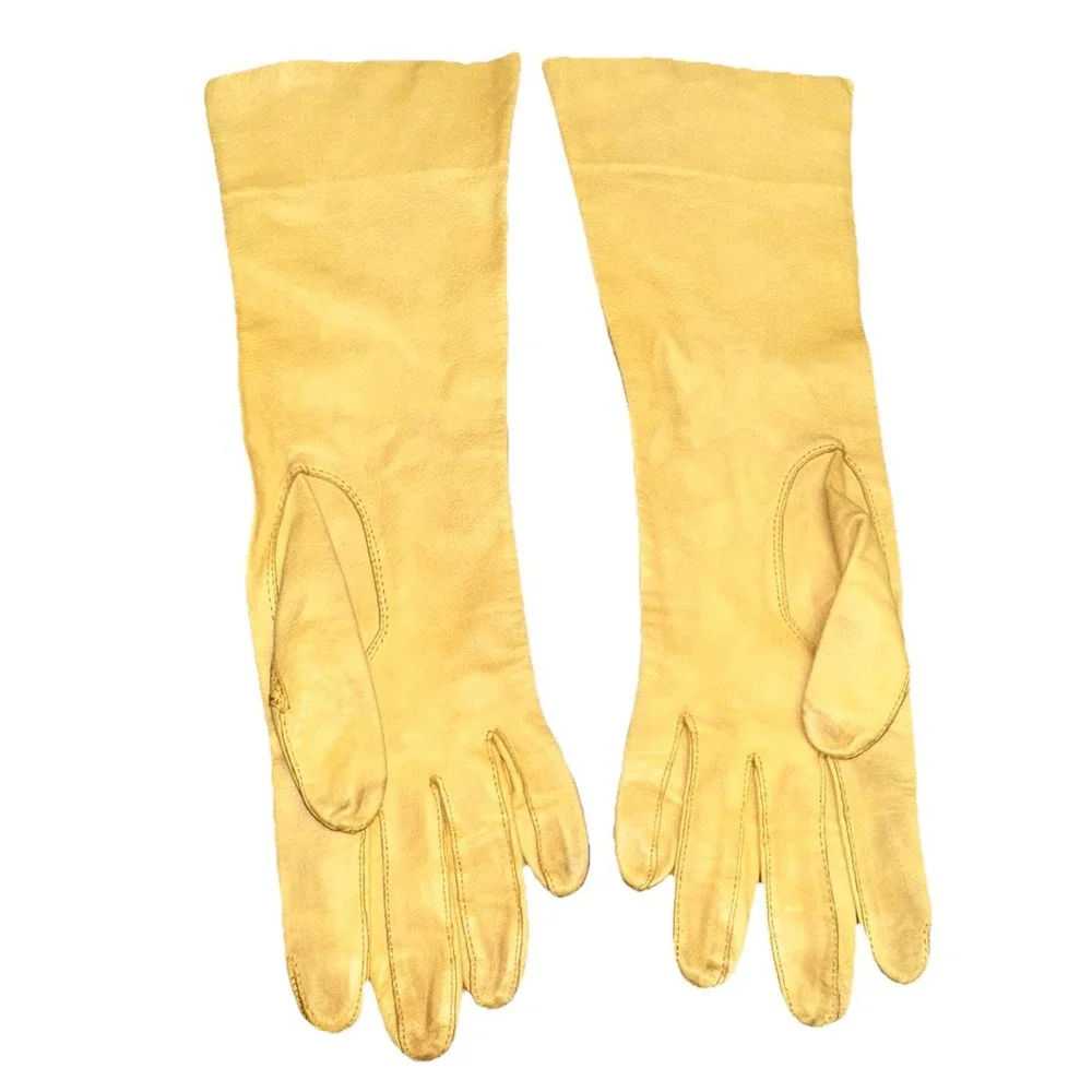 Vintage 1950's Kay Fuchs Design Yellow Kid Leather Long Opera‎ Gloves 6 1/4